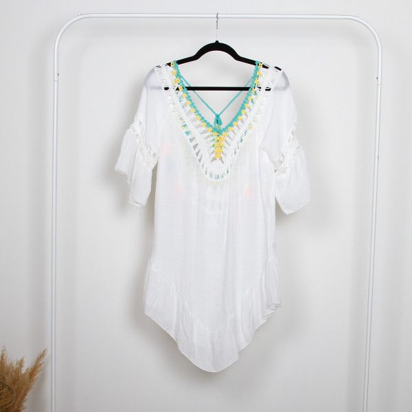 Vestido Playero Verde con Amarillo con Borlas Multicolor