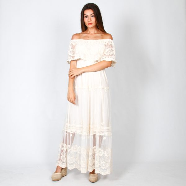 Vestido Largo Cuello Barco Volante Ibicenco