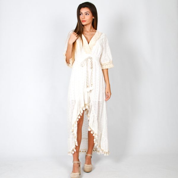 Vestido Largo Blanco Adornos Dorados Ibicenco