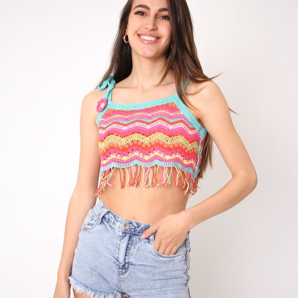 Top Azul Crochet Ibicenco Zig Zag Flecos