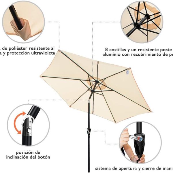 Sombrilla para Exterior - Sombrilla de 270 cm. con 6 varillas - Cierre y Apertura con Manivela