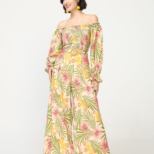 Pantalón Ancho Estampado con Cinturón Hebilla Cuadrada