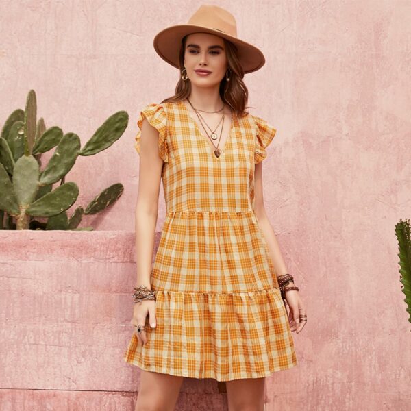 Vestido Corto Cuadros Mostaza y Blancos