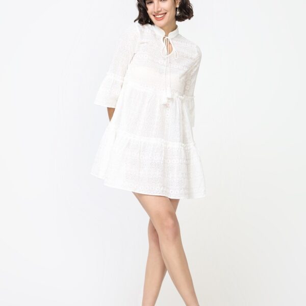 Vestido Corto Blanco Calado Algodón Manga 3/4