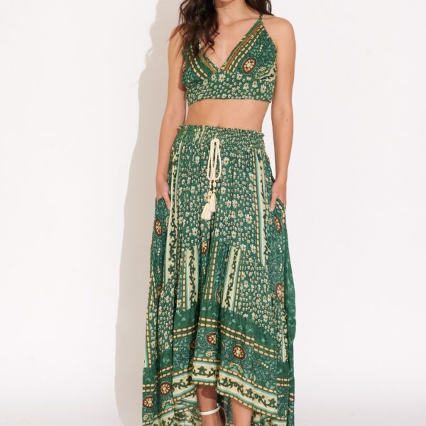 Conjunto Verde  Top Tirantes y Falda Larga con Bolsillos  Estampado