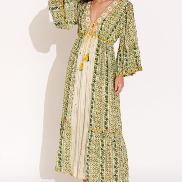 Vestido Largo Verde   Estampado Escote V con Tiras Manga Campana