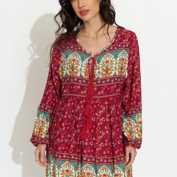 Vestido Corto Burdeos Estampado Étnico