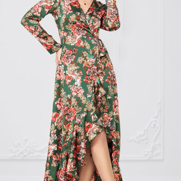 Vestido Largo Verde Volantes Estampado Flores Rojas