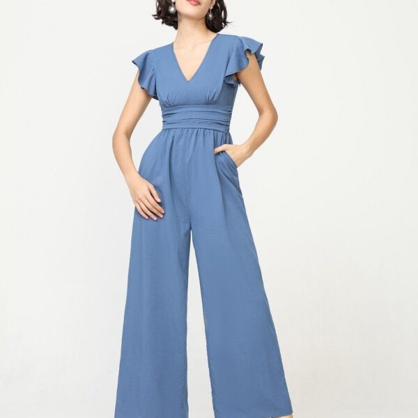 Mono Largo Azul Liso Manga Corta Volantes Escote V Bolsillos