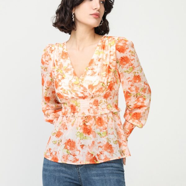 Blusa Ajustada Flores Naranjas Escote Pico
