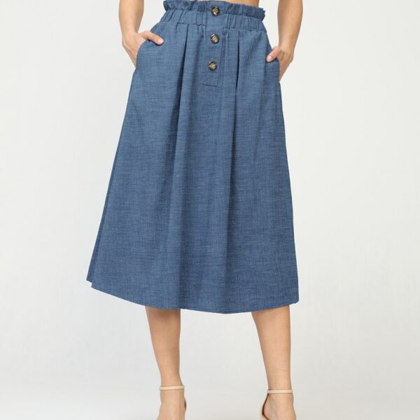 Falda  Midi  Azul Botones Decorativos Bolsillos Cintura Elastica
