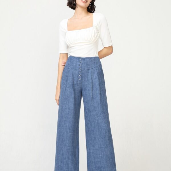 Pantalón Ancho Cierre con Botones Pinzas Bolsillos