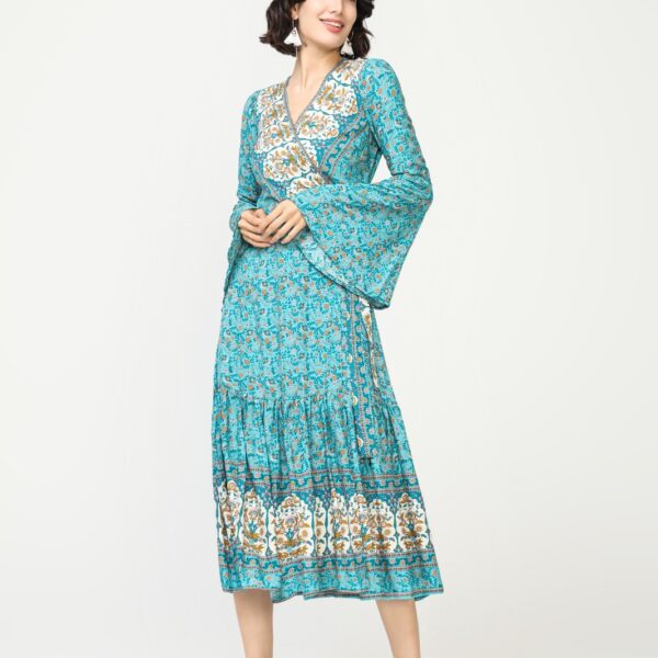 Vestido Midi Étnico Azul Manga Campanada