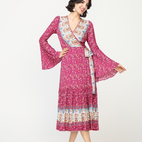 Vestido Midi Étnico Granate Manga Campanada