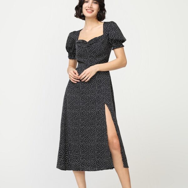 Vestido Midi Negro Estampado con Abertura