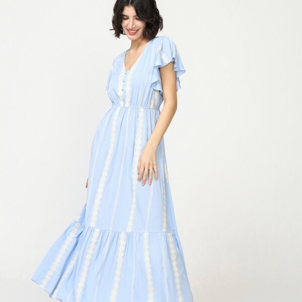 Vestido Largo Azul Escote V Botones Decorativos Manga Volantes