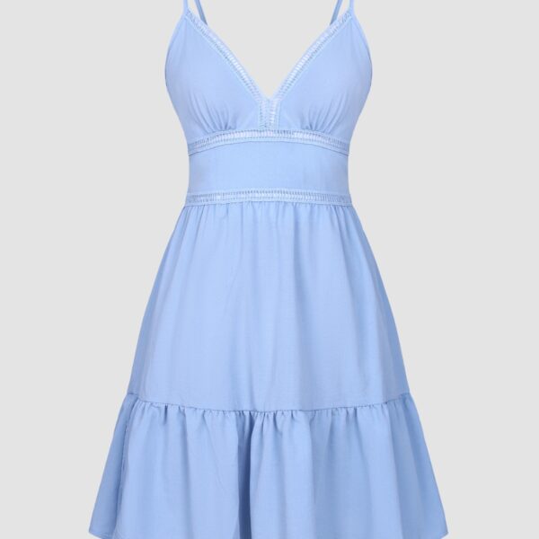 Vestido Corto Azul Tirantes Finos Escote V Detalles Calados Espalda Lazo