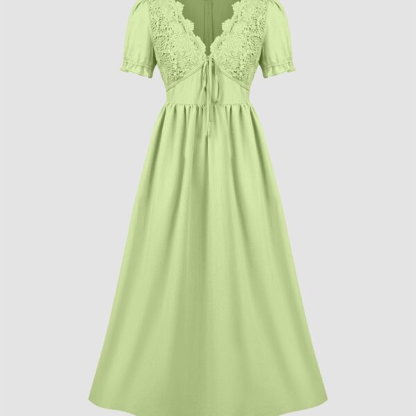 Vestido Midi Liso Escote V Detalles Calados Lazo Manga Corta