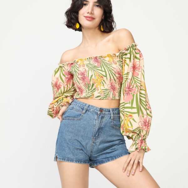 Blusa Estampado Tropical Escote Hombros Manga Larga