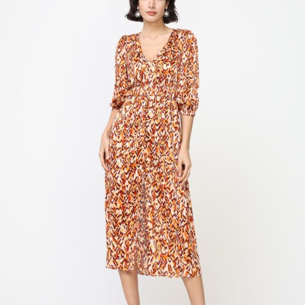 Vestido Midi Manga Abullonada Manchas Marrones