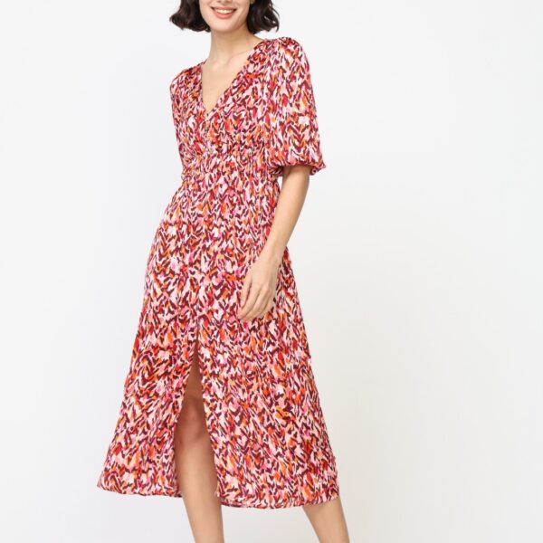 Vestido Midi Manga Abullonada Manchas Rosas