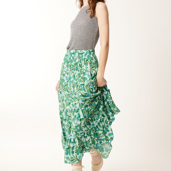 Falda Midi Estampado Verde Volantes Cintura Elástica