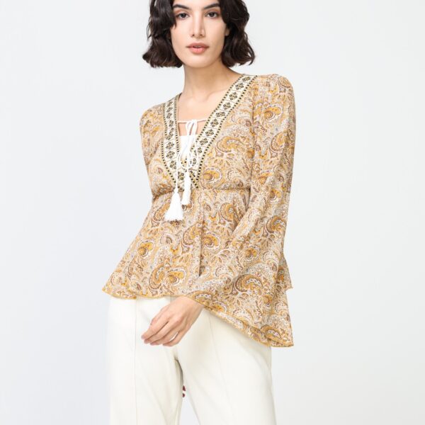 Blusa Escote Pico Paisley Marrón