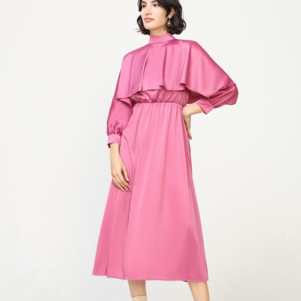 Vestido Midi Rosa Satén Efecto Capa