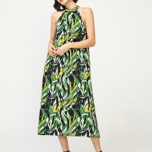 Vestido Midi Verde Cuello Halter Estampado Hojas