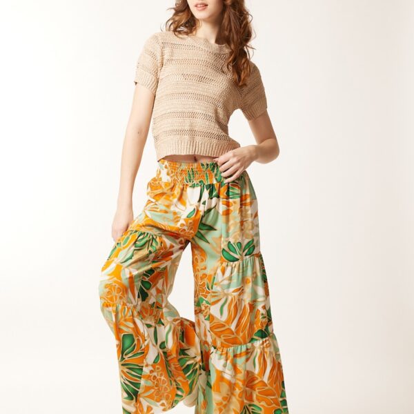 Pantalón Ancho Estampado Naranja Tropical