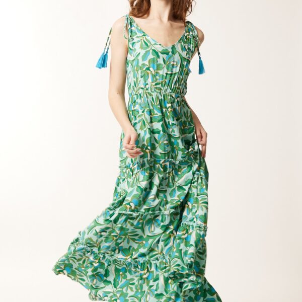 Vestido Largo Estampado Verde  Tirantes Lazo Cintura Elástica Escote V