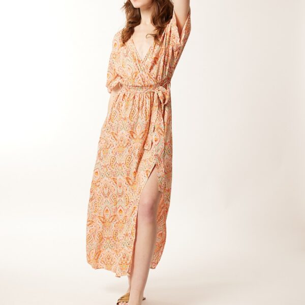 Vestido Largo Estampado Naranja  Cintura Elástica Lazo Escote Cruzado Manga Corta Abertura