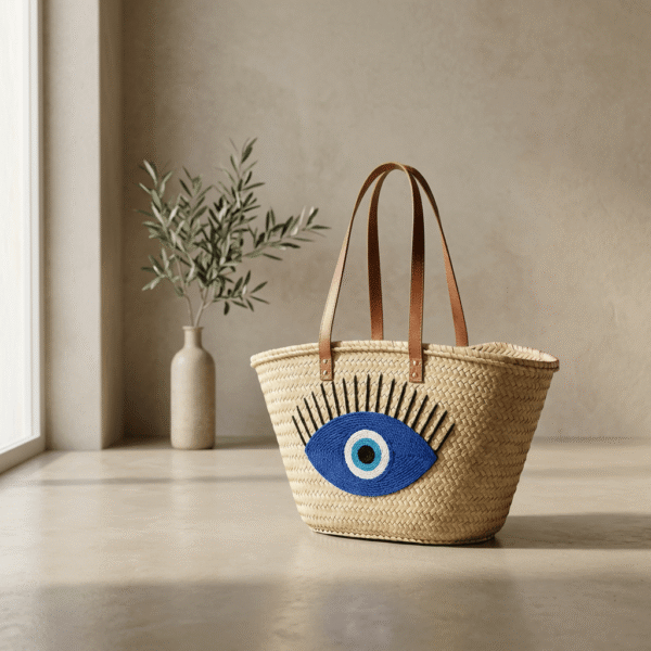 Capazo de Playa Ojo Turco Azul | Palma Natural y Asas de Piel