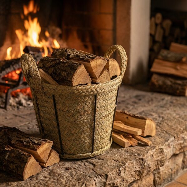 Leñero de Esparto Artesanal Reforzado con Hierro | Hecho a Mano